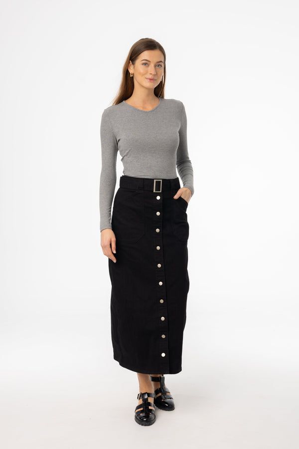 Black Belted Button Down Denim Skirt with Structured Waistband and Classic Straight Fit Design