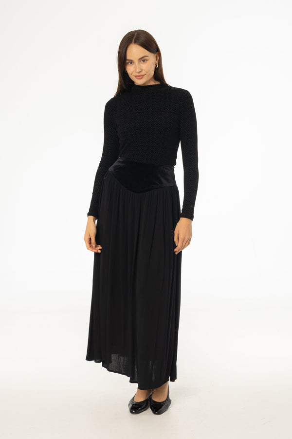 Black Mixed Fabric Combo Maxi Skirt with Layered Textures and Feminine Flowing Movement