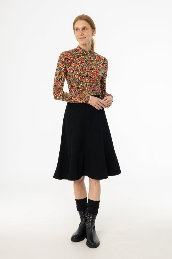 Black Flared Denim Midi Skirt with Classic High Waist Cut and Slight A-Line Design
