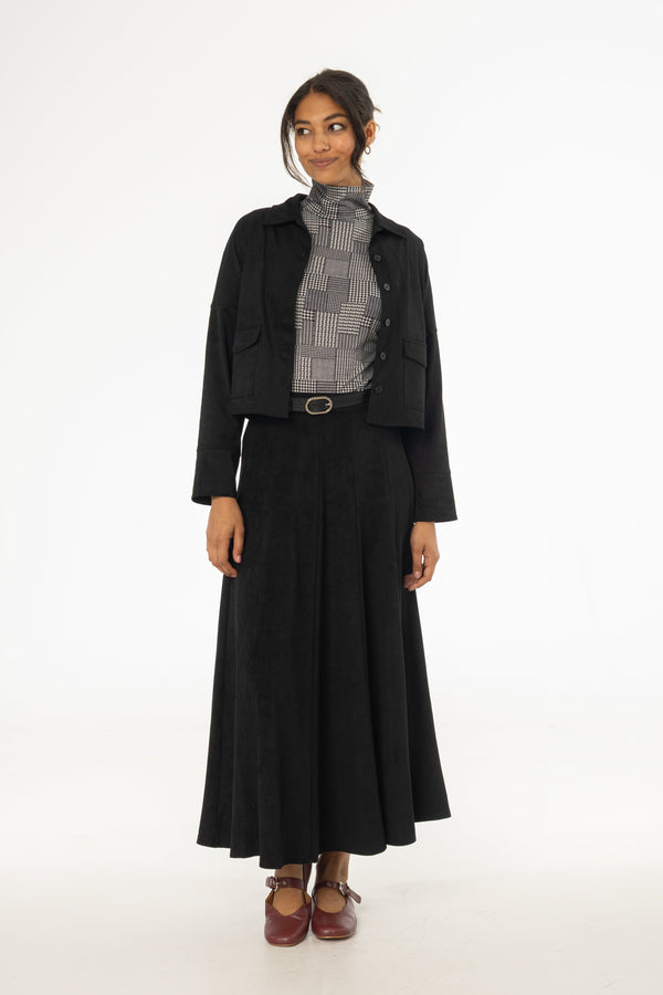 Black Paneled Microsuede Skirt with Seam Detailing and Sleek Streamlined Design