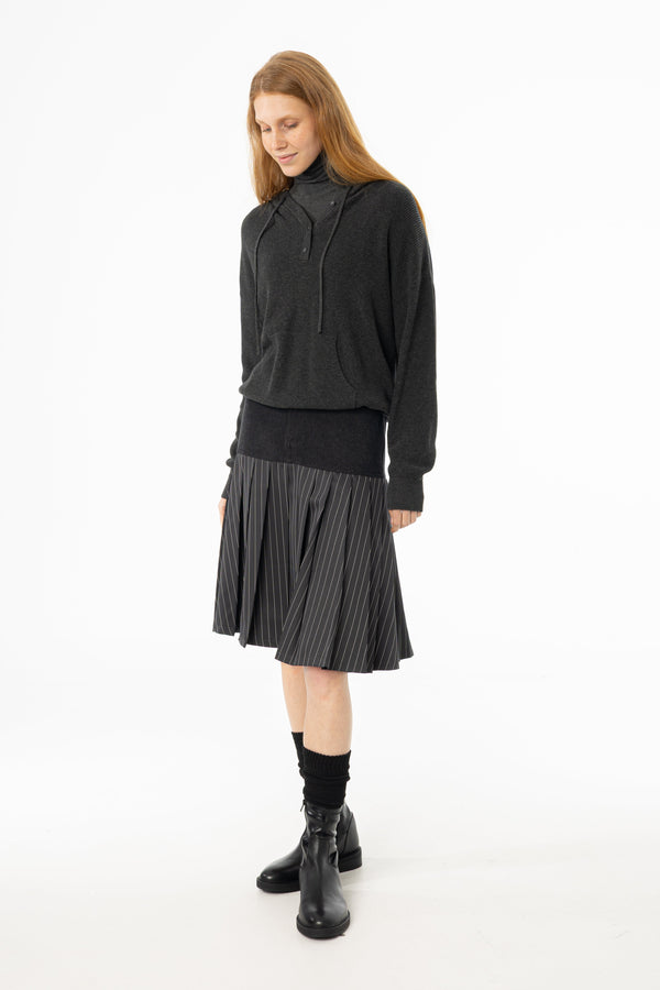 Grey Pinstripe Pleated Denim Skirt with High Waist Silhouette and Modern Tailored Vibe