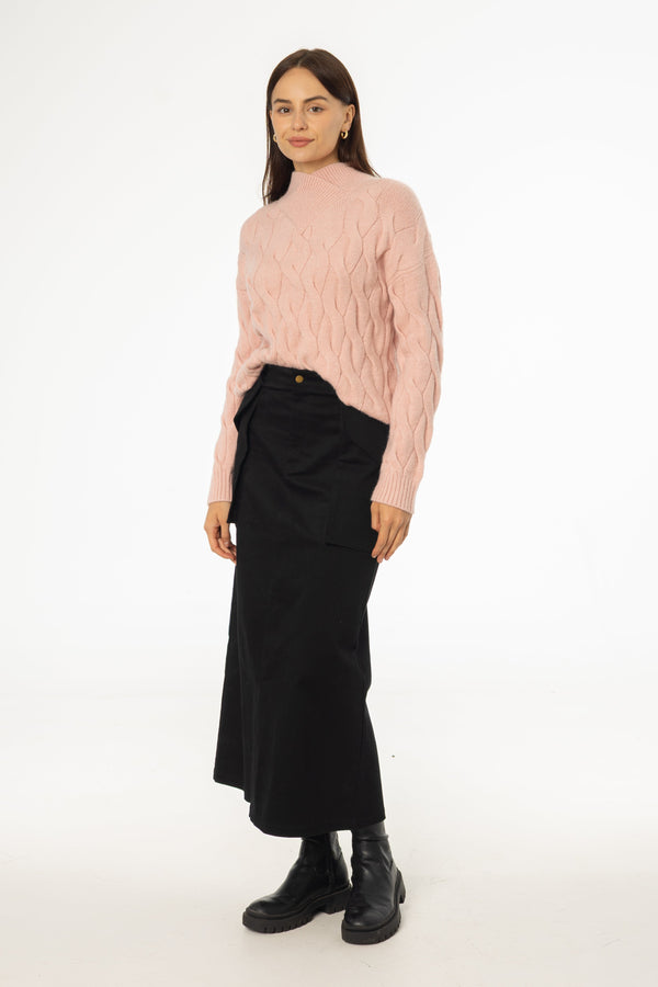 Black Pocket Cargo Midi Skirt with Straight Fit and Urban Street-Inspired Look