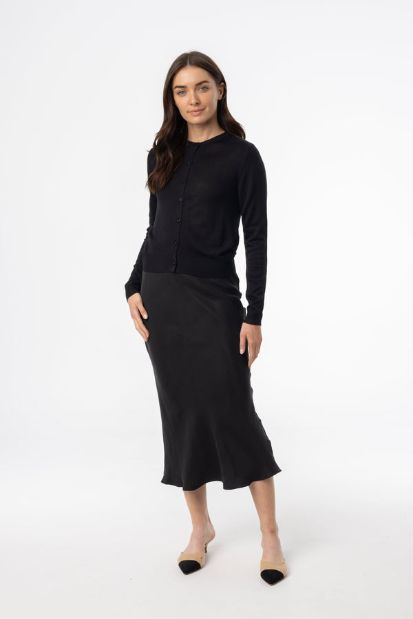 Black Satin Slip Midi Skirt with Elegant Glossy Finish and Minimalist Silhouette for Everyday Chic