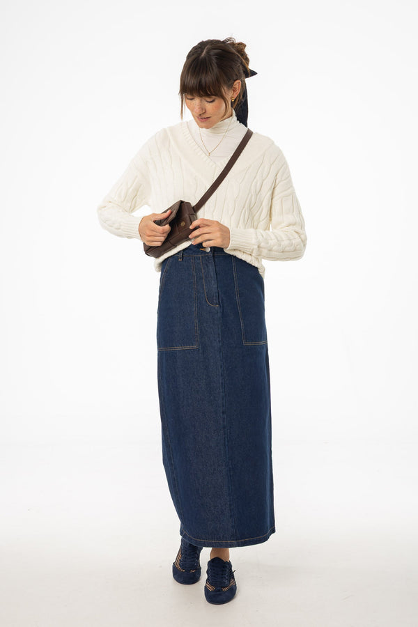 Blue Exposed Pocket Denim Skirt with Visible Stitching and Contemporary Casual Appeal