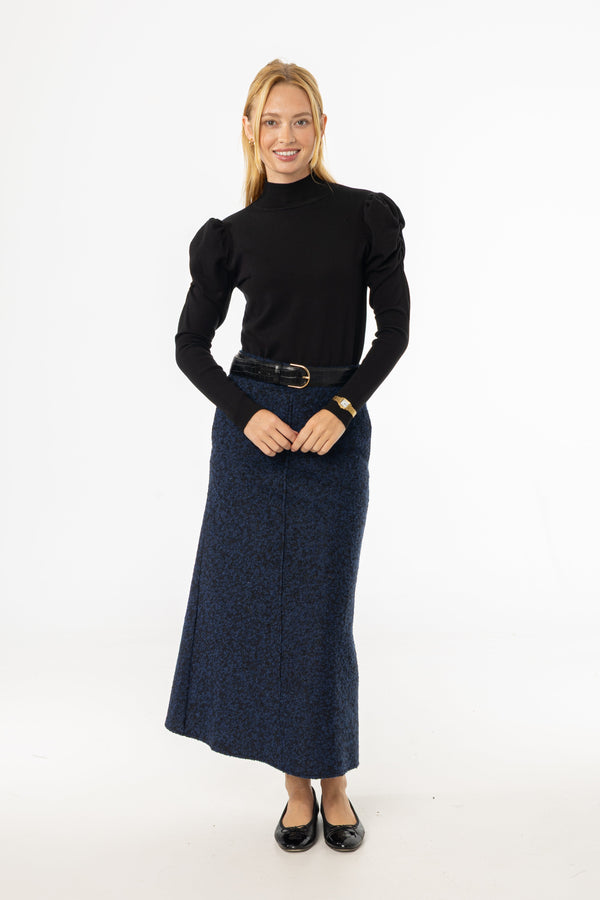 Blue Boucle Textured Maxi Skirt with Flowy Shape and Cozy Seasonal Fabric Feel