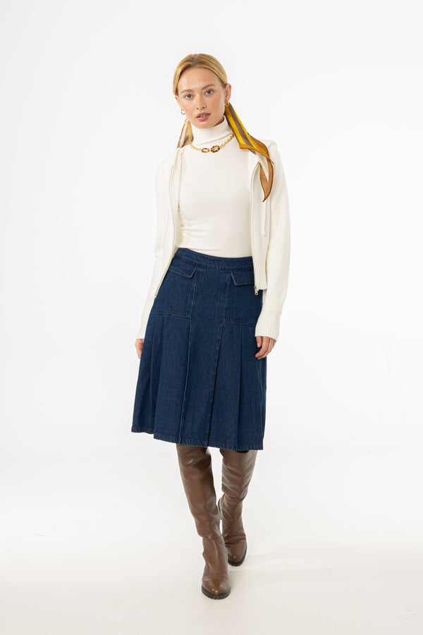 Blue Half Pleated Cargo Denim Skirt with Dual Texture Design and Modern Front Split