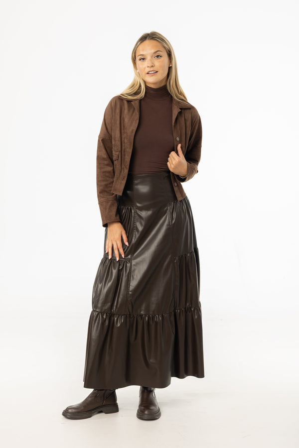 Brown Straight Vegan Leather Midi Skirt with Sleek Polished Finish and Tailored Edge