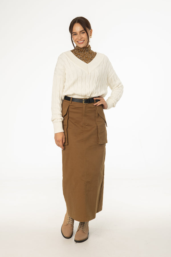 Camel Pocket Utility Cargo Skirt with Multiple Pockets and Adjustable Waist Fit