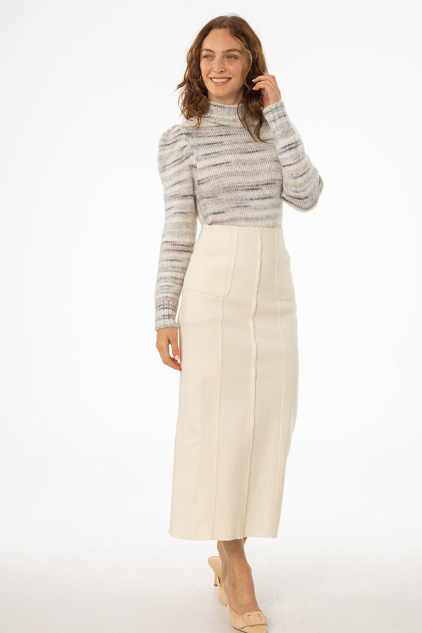 Ivory Scalloped Edge Maxi Skirt with Soft Draped Hem and Romantic Textured Detailing