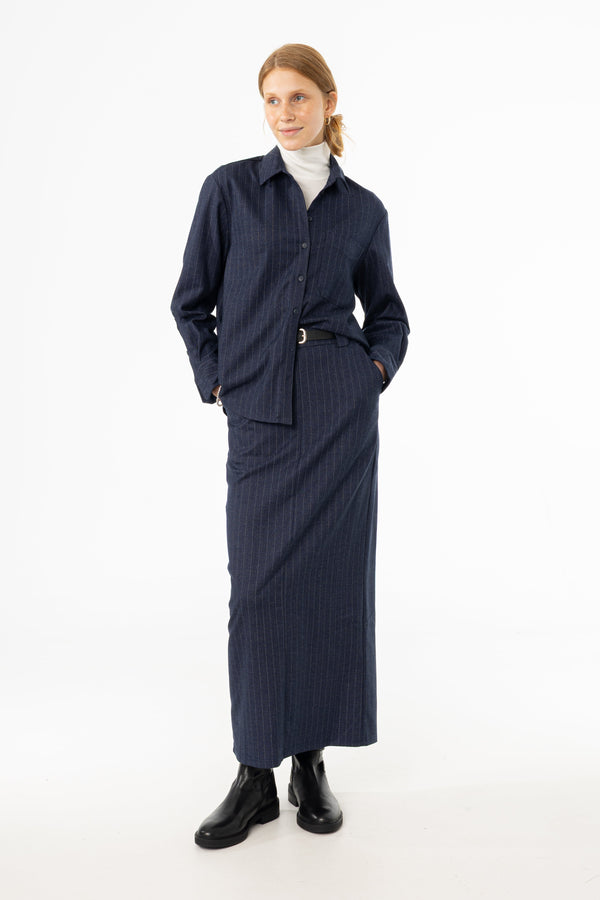 Navy Pinstripe Everyday Skirt with Tailored Look and Subtle Vertical Stripe Detailing