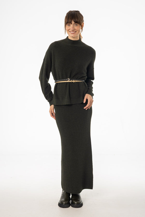 Olive Knit Ribbed Maxi Skirt with Slim Stretch Fit and Cozy Everyday Texture