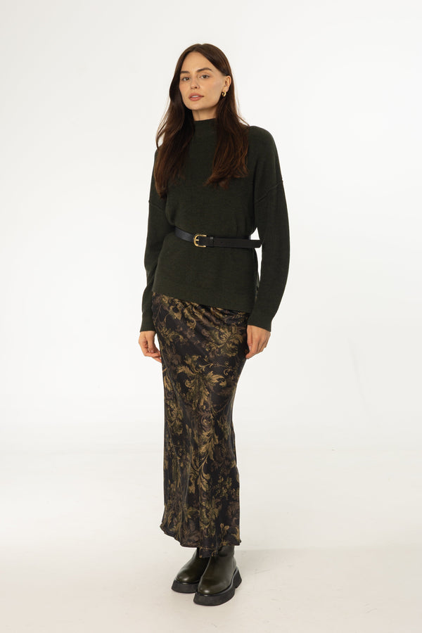 Green Paisley Printed Slip Skirt with Smooth Fabric and Relaxed Bohemian-Inspired Style
