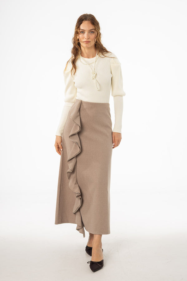 Taupe Wool Blend Ruffle Maxi Skirt with Layered Flow and Soft Textured Feel for Autumn Looks